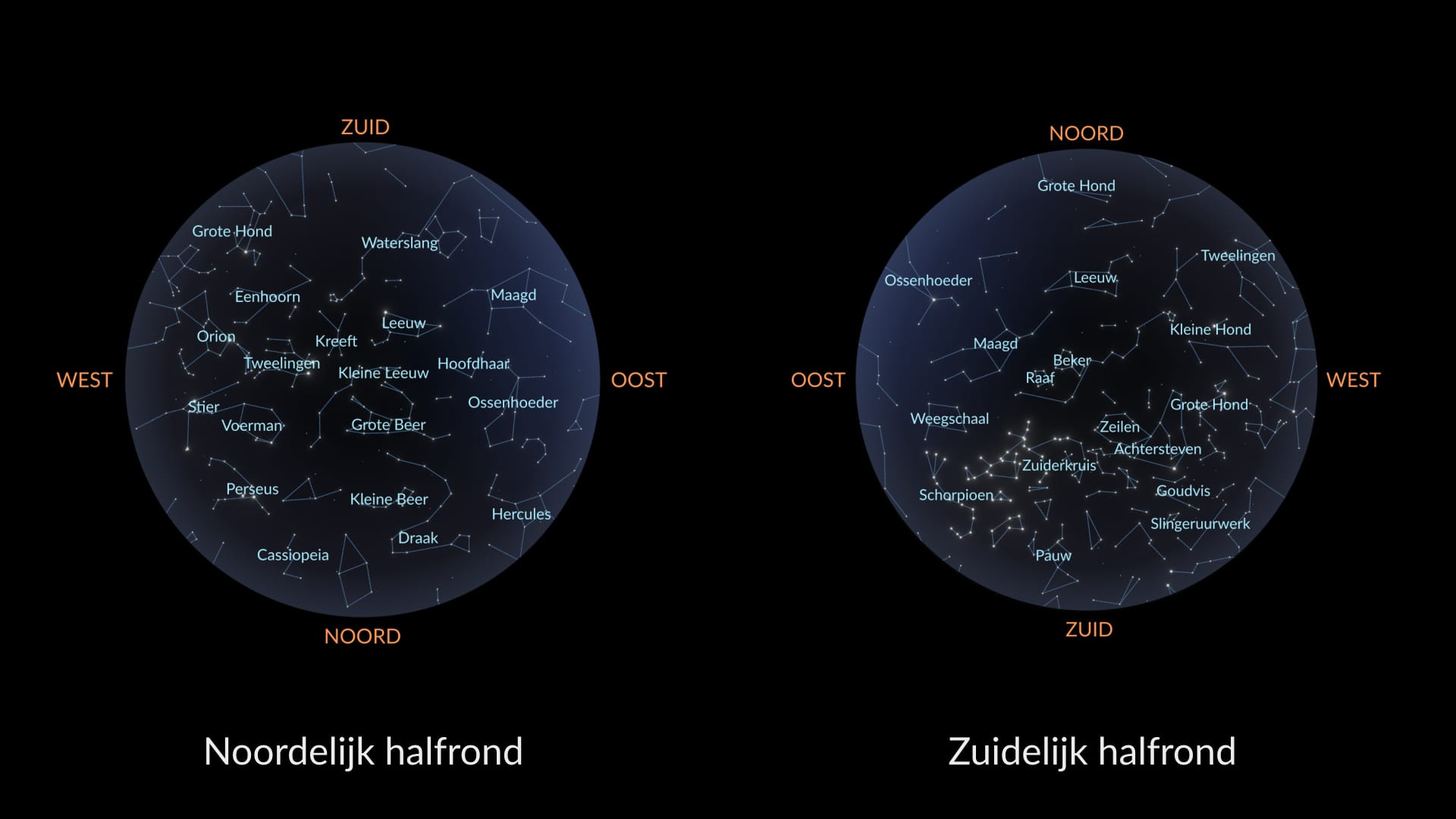 Kaart van de nachtelijke hemel in april