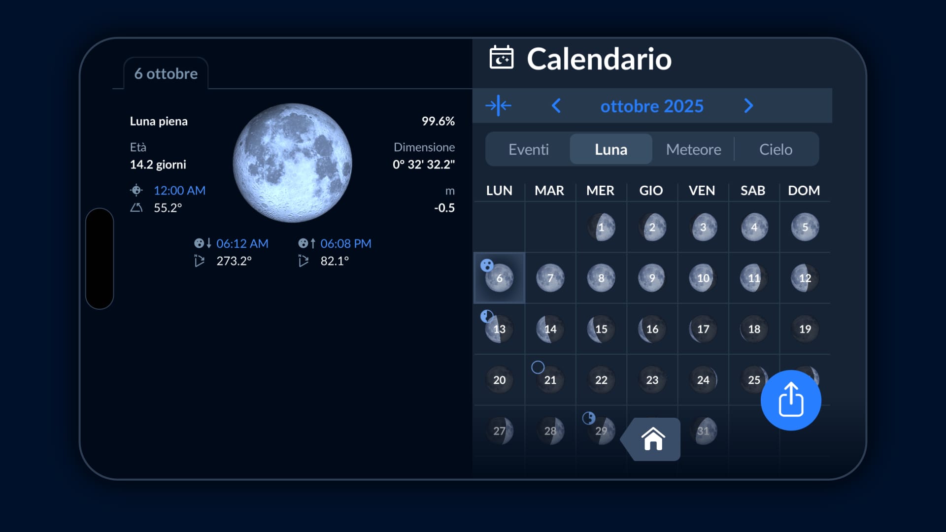 Moon calendar in Sky Tonight